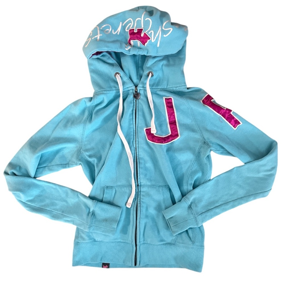 Blue and pink Joshua perets zip up hoodie with embroidered logo and heart zip up